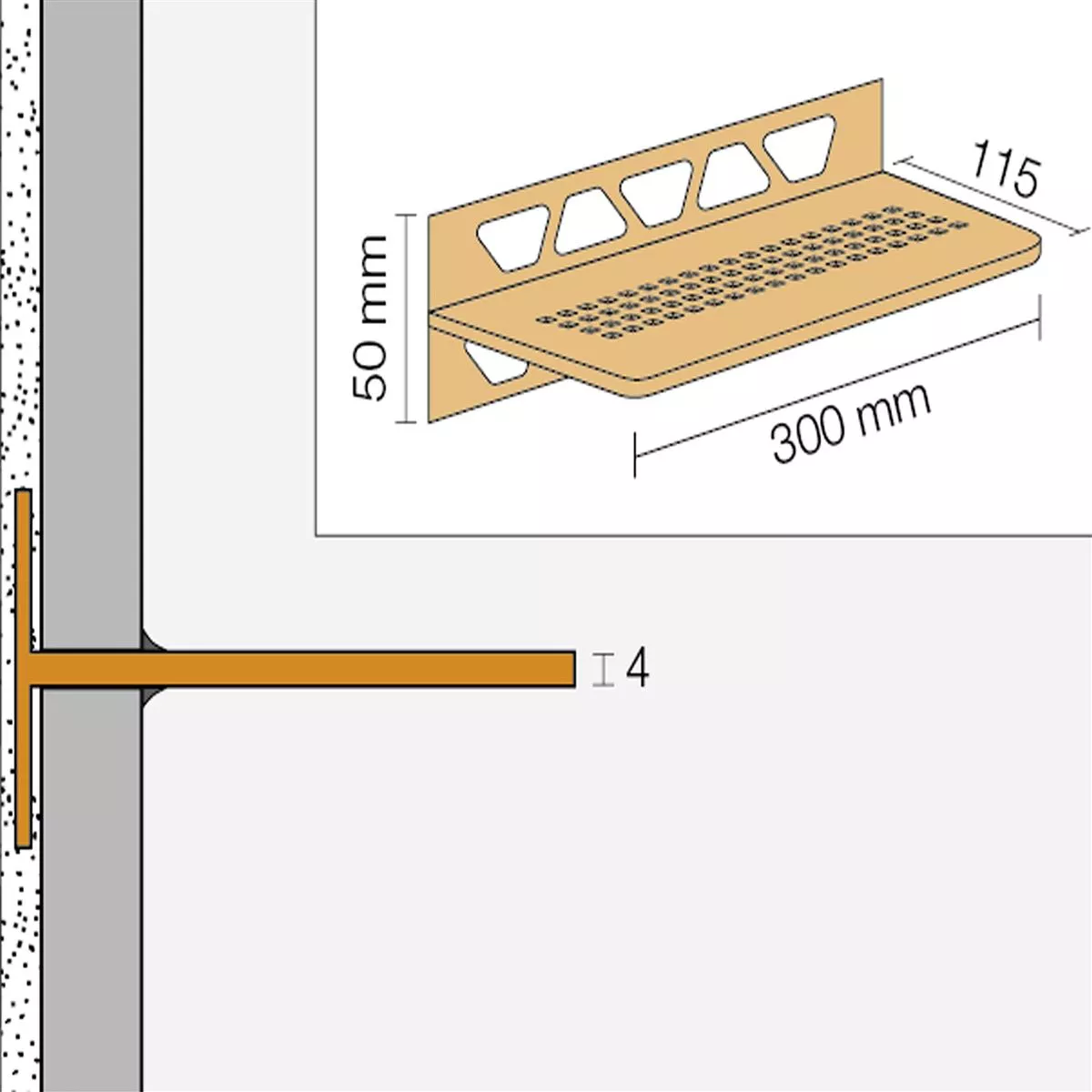 Dusjhylle vegghylle Schlüter rektangel 30x11,5cm ren elfenben