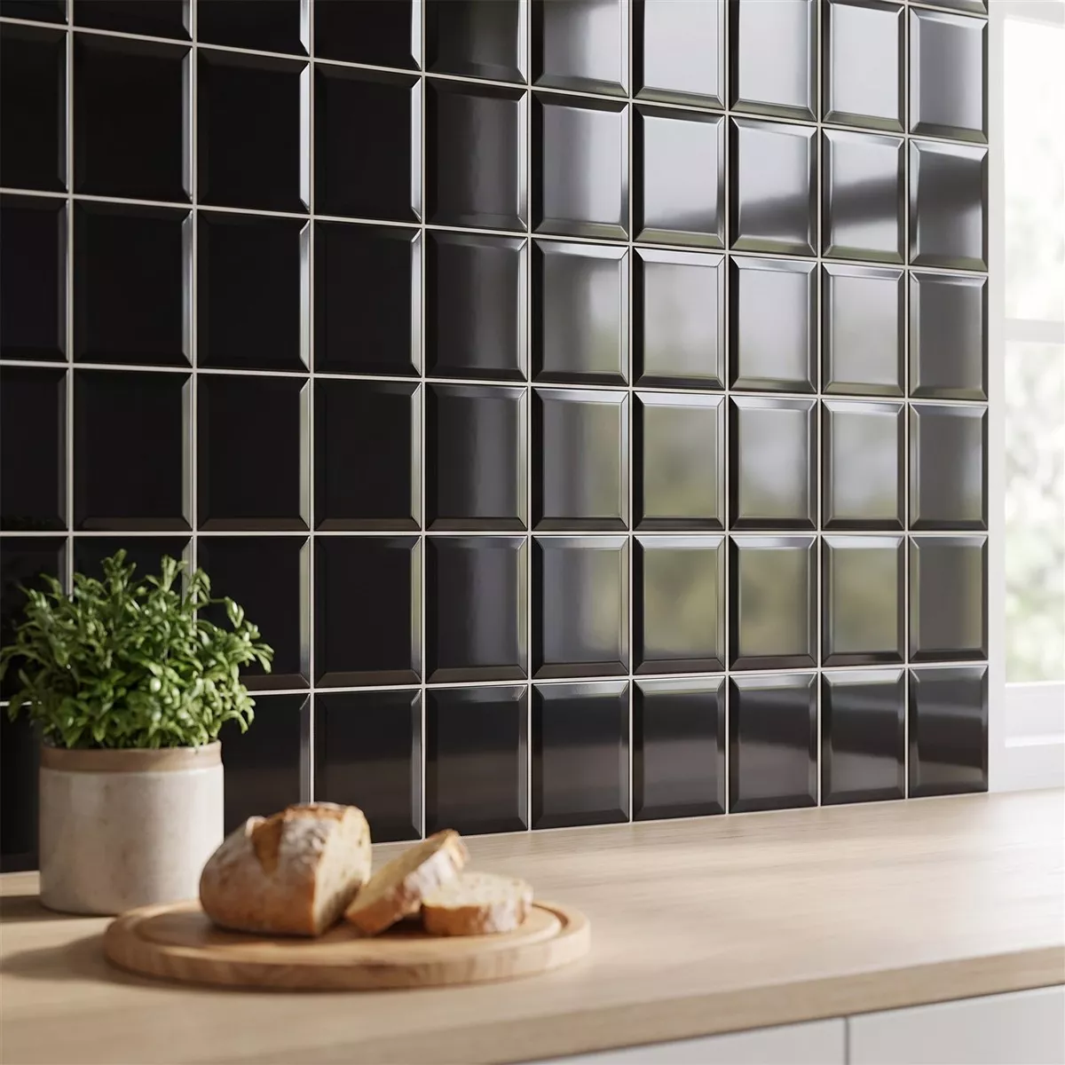 Metro flis Svart Glitrende 10x10 cm Fasett Catarina Negro